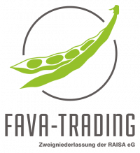Logo : eine Erbsenschote in einem Ring, darunter der Schriftzug FAVA-TRADING, Zweigniederlassung der RAISA eG