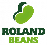 Grafik: Zwei Bohnen in zwei Grüntönen, darunter der Schriftzug: ROLANS BEANS